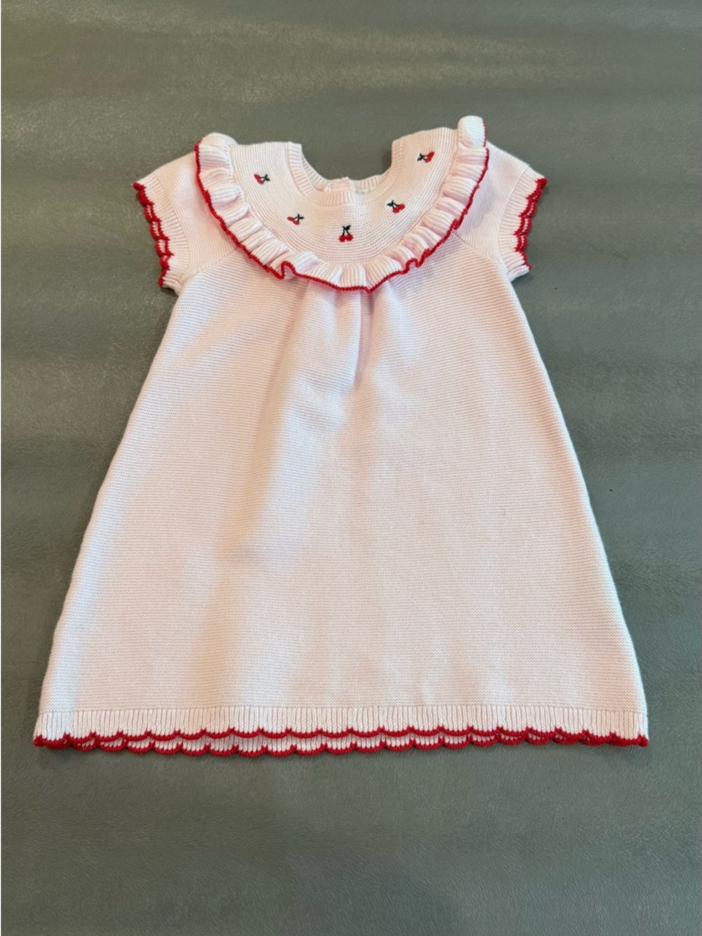 Janie and Jack Pink Knit Dress with Red Trim and Cherry Embroidery. Size 12-18